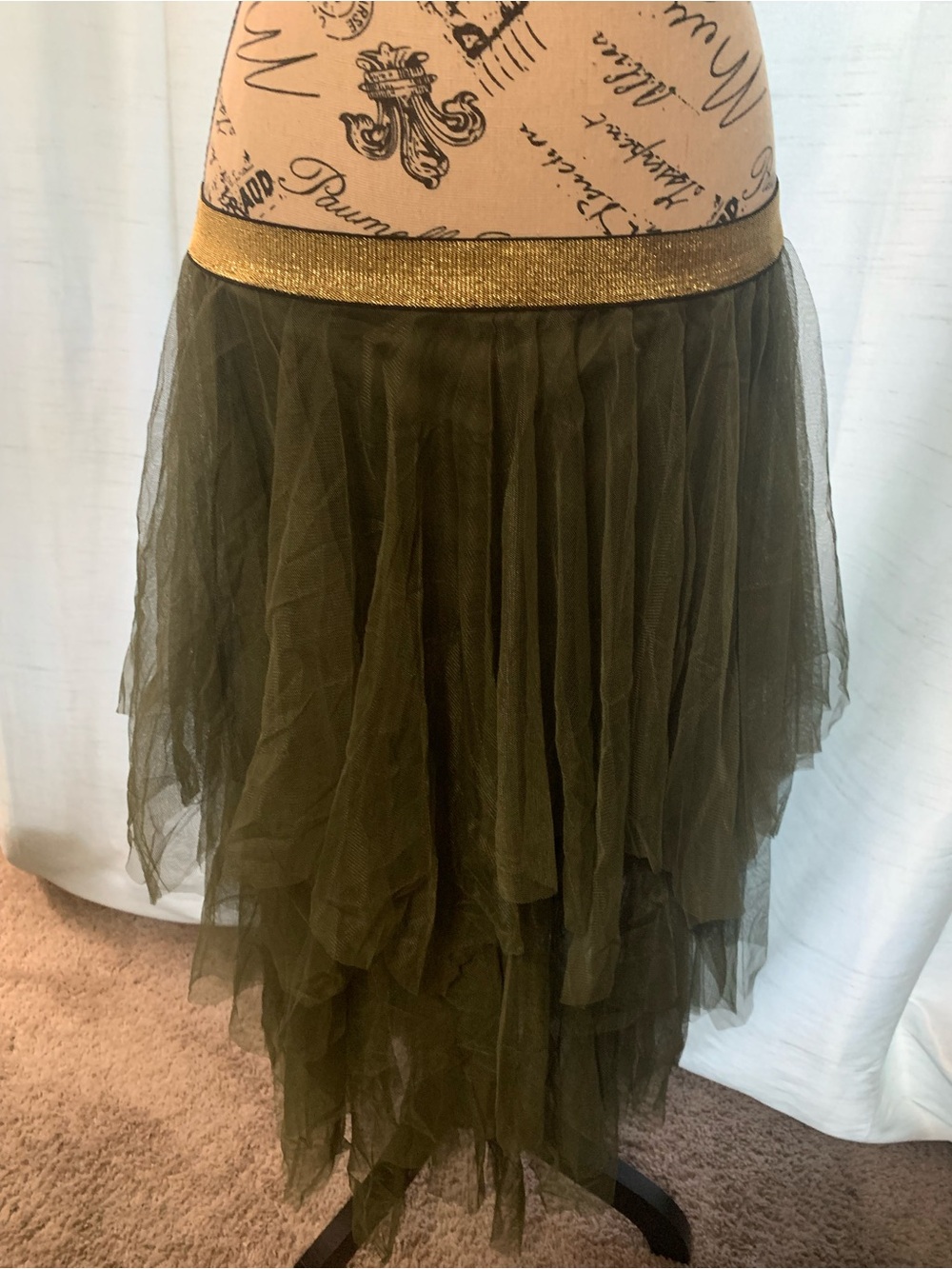 Olive Layered Tulle Skirt with Gold Waistband